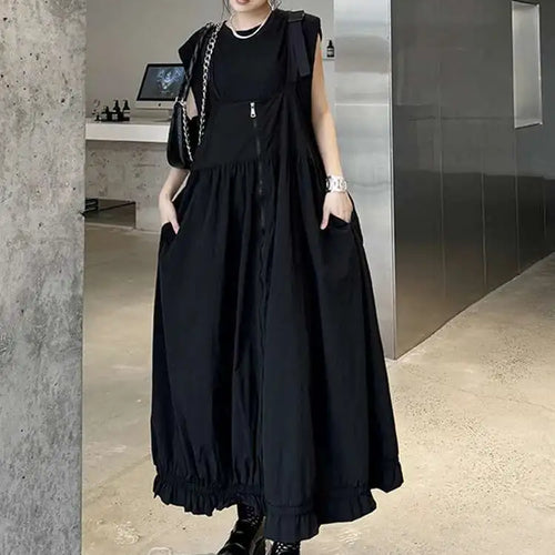 Load image into Gallery viewer, Women Green Pleated Pocket Big Size Strap Dress New Square Collar Sleeveless Fashion Tide Spring Autumn 2025 1DH6067
