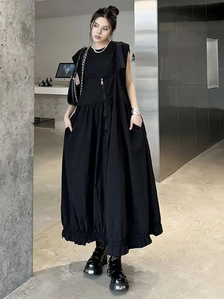 Women Green Pleated Pocket Big Size Strap Dress New Square Collar Sleeveless Fashion Tide Spring Autumn 2025 1DH6067