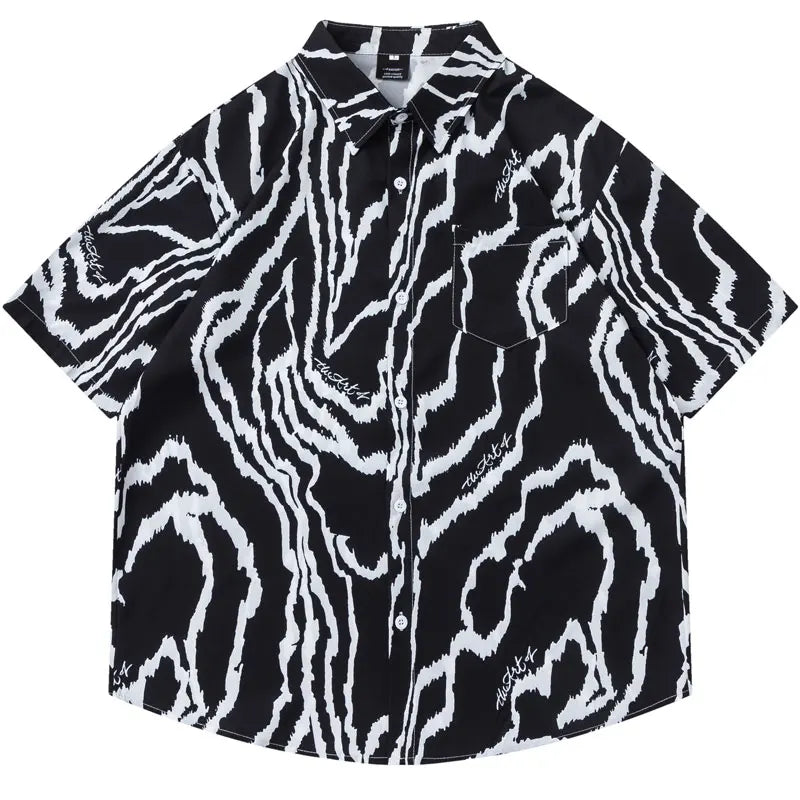 Vintage Hawaiian Shirts Irregular Stripes Graphic Printed Button Up Blouse Hip Hop Casual Baggy Short Sleeve Summer Beach Tops