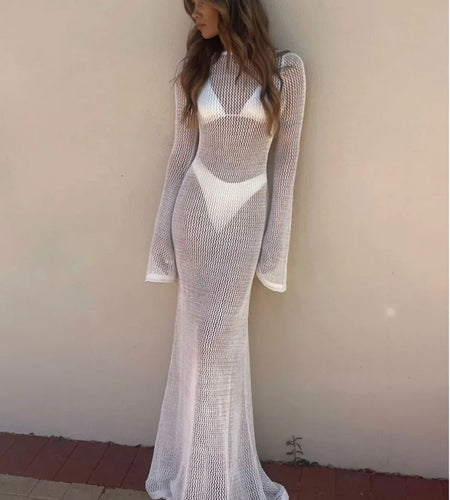 Backless Sexy Tight Long Sleeve Hollow Out Beach Dress Women's 2023 Summer Dress Slim Fit Transparent Party Club Dress