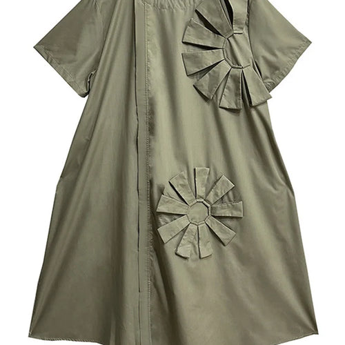 Load image into Gallery viewer, Women Green Flower Spliced Big Size Shirt Dress New Round Neck Short Sleeve Fashion Tide Spring Autumn 2025 1DH9678
