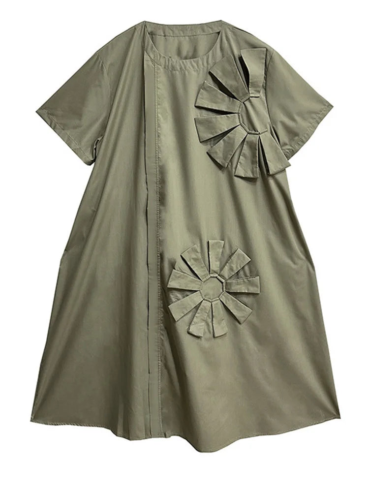 Women Green Flower Spliced Big Size Shirt Dress New Round Neck Short Sleeve Fashion Tide Spring Autumn 2025 1DH9678