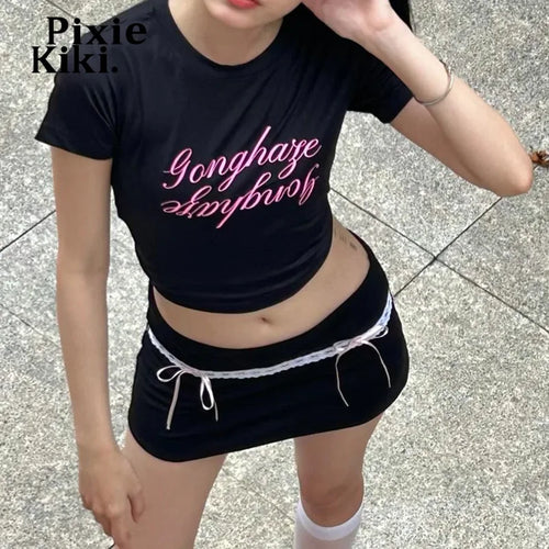 Load image into Gallery viewer, Bow Lace Mini Skirt Kawaii Fashion Girls Low Waist Black Skirts for Women Cutecore Y2k Summer Coquett Clothes P33-BB10
