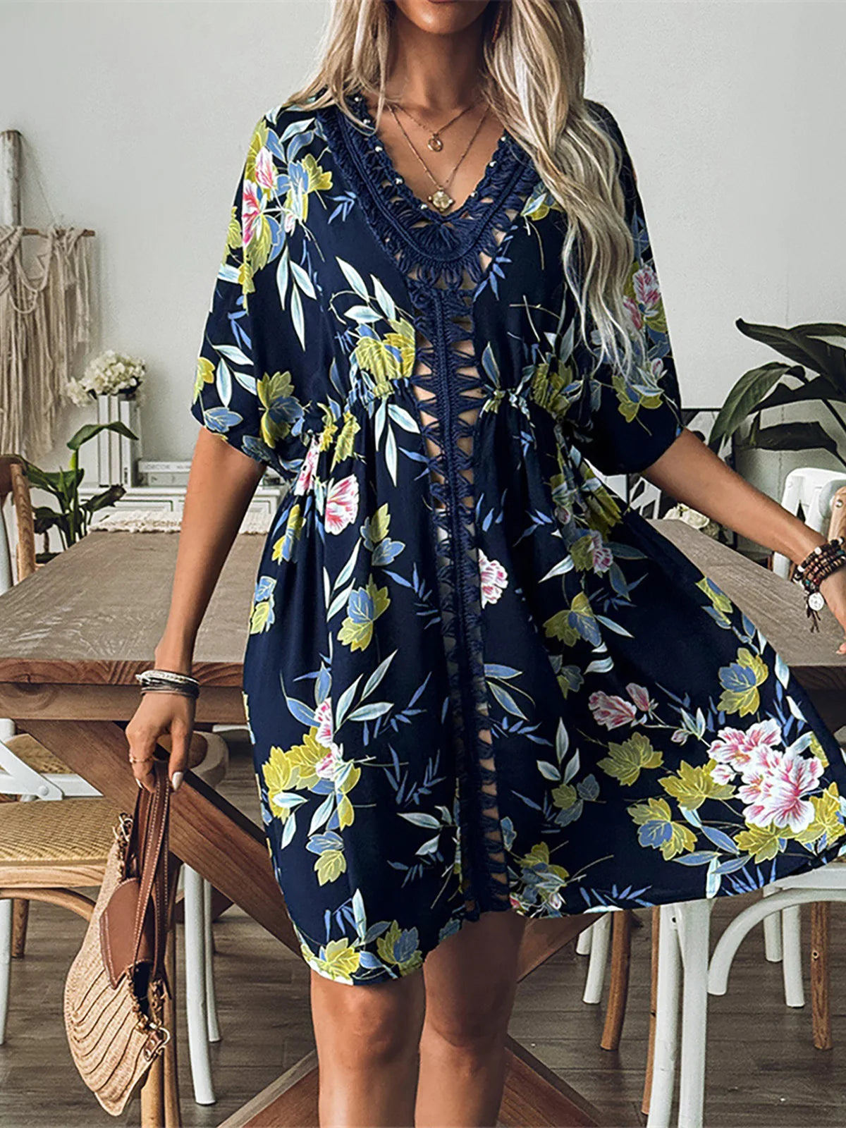 Flowers Printed Half Sleeve Crochet Knitted Tunic Beach Cover Up Cover-ups Beach Dress Beach Wear Beachwear Female Women V5663