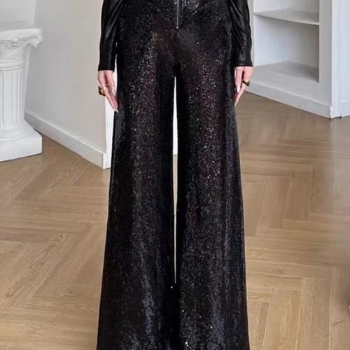 Load image into Gallery viewer, Slimming Spliced Sequins Fashion Long Pants for Women High Waist Patchwork Zipper Wide Leg Pant Female Clothing New
