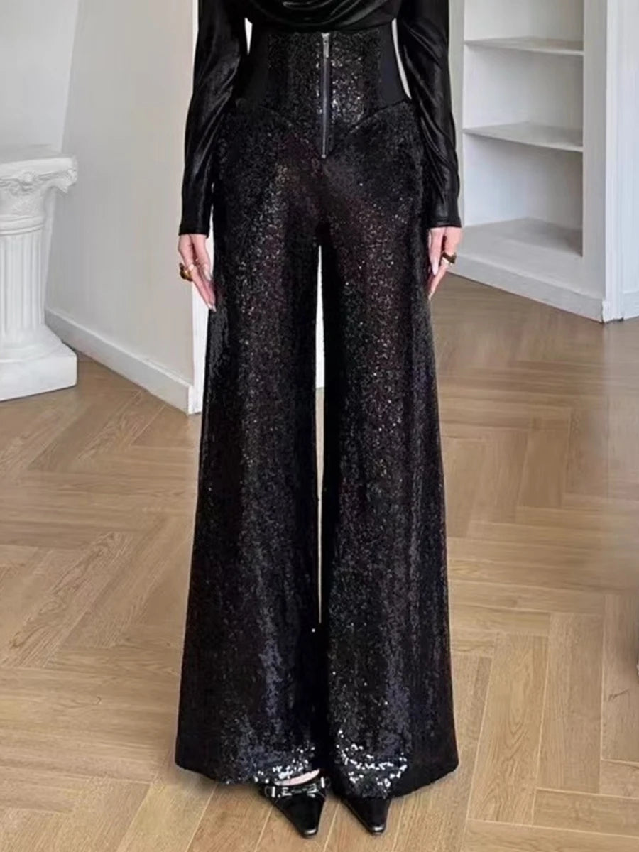 Slimming Spliced Sequins Fashion Long Pants for Women High Waist Patchwork Zipper Wide Leg Pant Female Clothing New