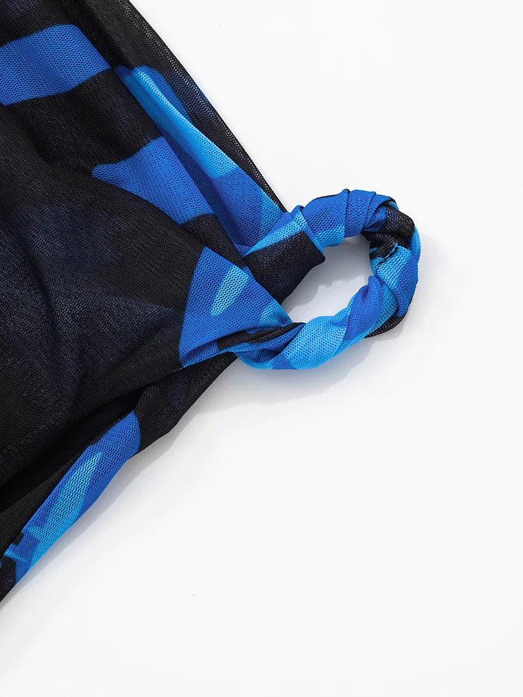 Blue Print Ruffled Sexy Mini Dress For Women Robe Irregular Oblique Shoulder Sleeveless Backless Club Party Dress Beach