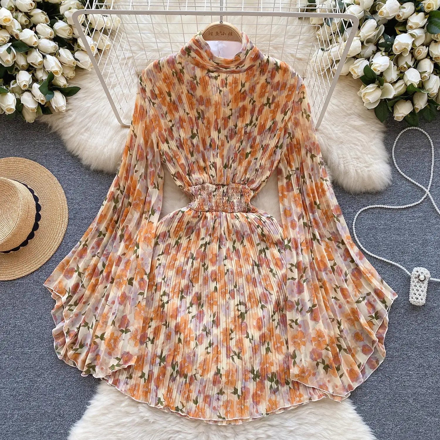 French Women Elegant Floral Print Half High Collar Slim Midi Dress 2023 Autumn Flared Long Sleeve Fashion Vacation Pleated Dress