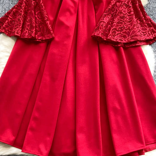 Load image into Gallery viewer, French Women Red Patchwork Lace Birthday Evening Party Dresses Autumn Round Neck Elegant Festival Long Sleeved Bow Pleated Dress
