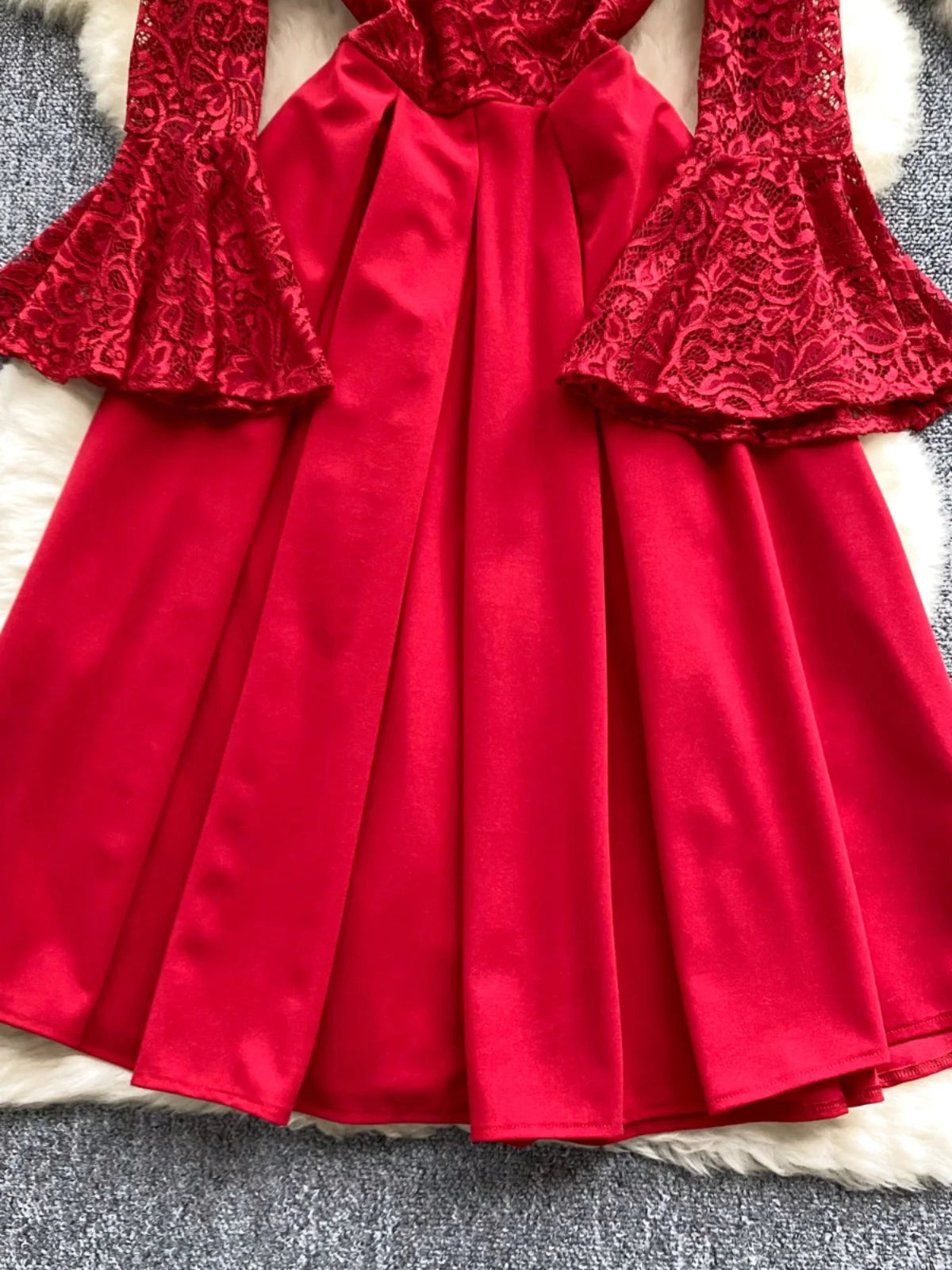 French Women Red Patchwork Lace Birthday Evening Party Dresses Autumn Round Neck Elegant Festival Long Sleeved Bow Pleated Dress