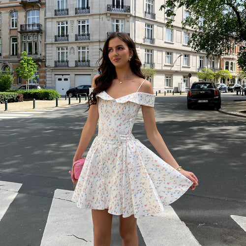 Load image into Gallery viewer, Fashion Summer Dresses 2024 Floral Print Short Party Dresses Off The Shoulder Tulle Dress A Line Women's Clothing
