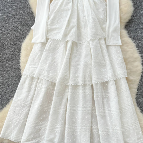 Load image into Gallery viewer, Korean Fashion Women White Embroidered Elegant Long Sleeved Pleated Cake Dress Spring Round Neck High Waist Vacation Party Dress
