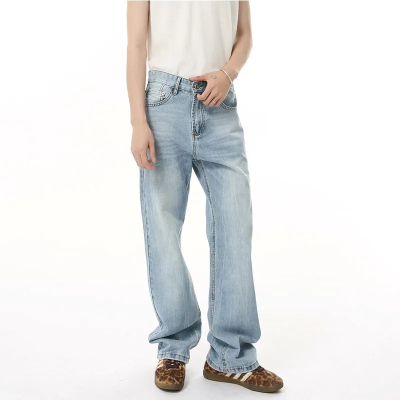 Men's Denim Pants New American Style Hole Design Casual Straight Wide Leg Gradient Color Trendy Male Loose Jeans 9W1840