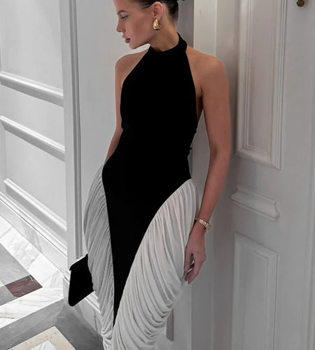 Patchwork Halter Backless Sexy Midi Dress Women Gown Elegant Fashion Contrast Color Sleeveless Pleated Long Dress