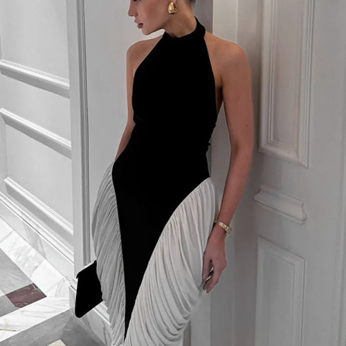 Load image into Gallery viewer, Patchwork Halter Backless Sexy Midi Dress Women Gown Elegant Fashion Contrast Color Sleeveless Pleated Long Dress
