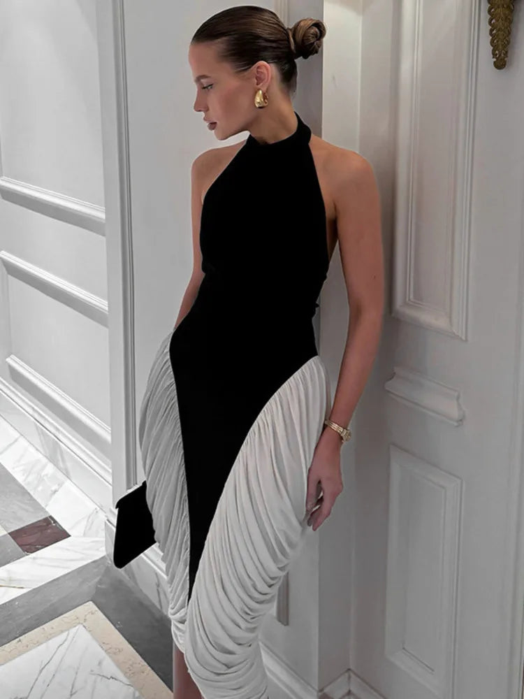 Patchwork Halter Backless Sexy Midi Dress Women Gown Elegant Fashion Contrast Color Sleeveless Pleated Long Dress