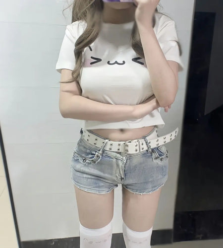 Cotton Woman T Shirts Chic Japanese Tees Summer Tshirts O-neck Short Sleeve Cute Camisetas Y2k Tops Cat Print Tunic Crop T-shirt