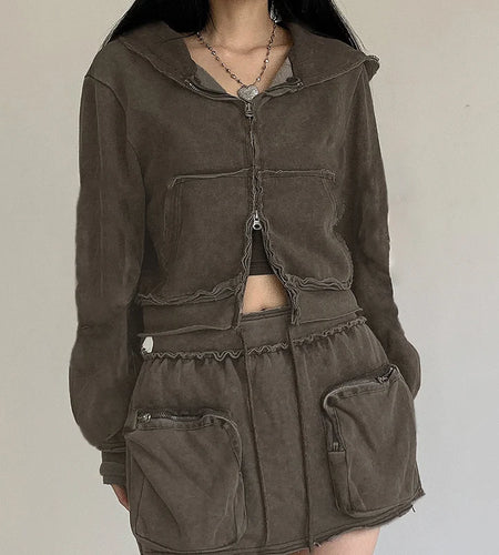 Streetwear Stitched Ruched Zip-Up Hooded Jacket Women Grunge Harajuku Autumn Coats Cropped Outwear Retro Distressed