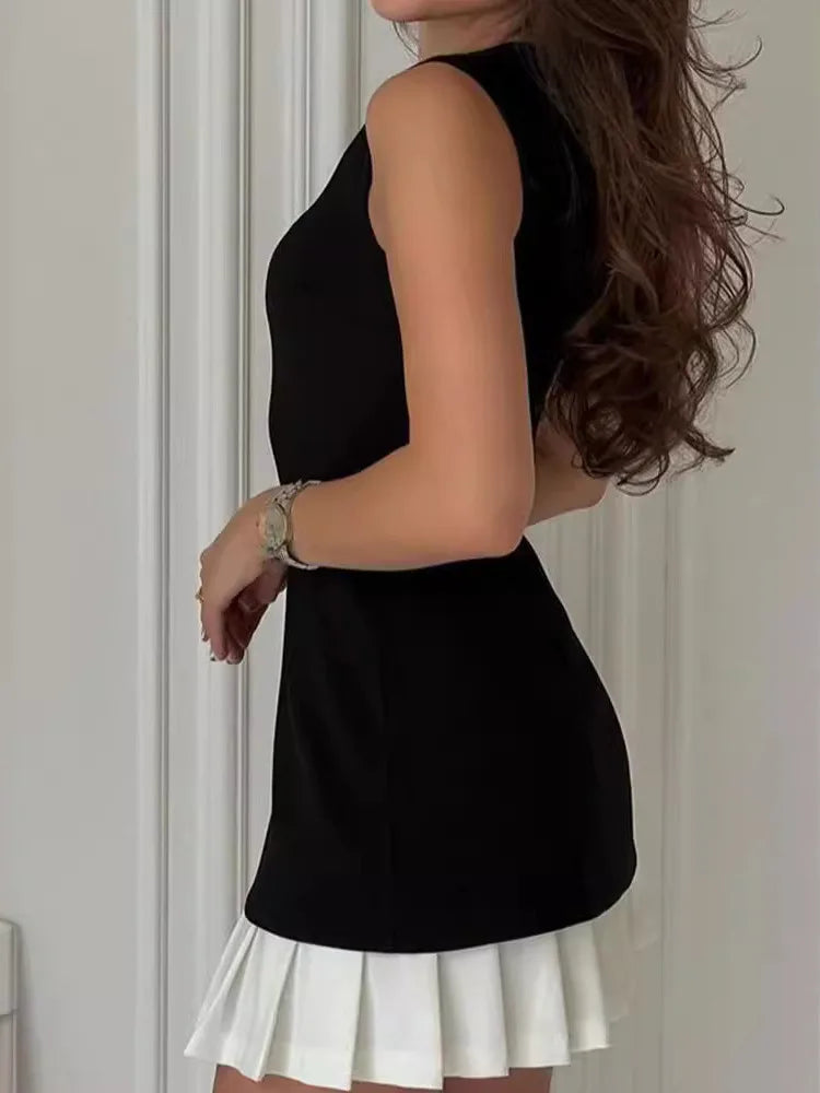 Elegant Sleeveless Slim Pleated Skirt Patchwork Dress For Women 2024 Summer New Evening Leisure Holiday Vestidos Female