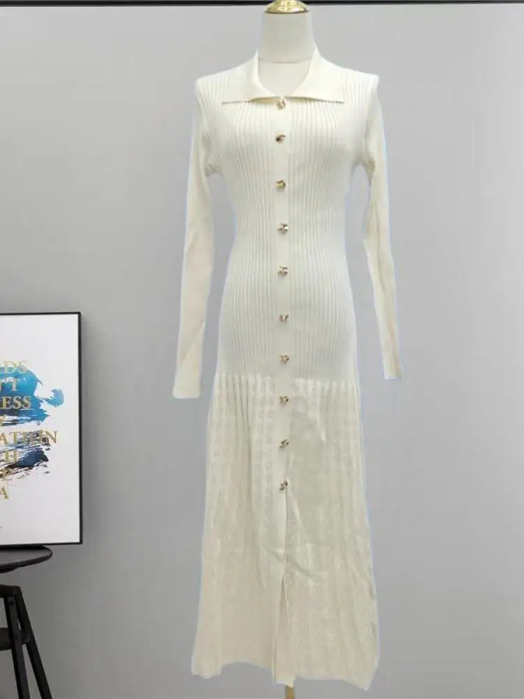 Autumn Winter Solid Elegant Office Lady Knitted Dress Women Slim Long Sleelve Single Breasted Dresses Fashion Simplicity Fashion