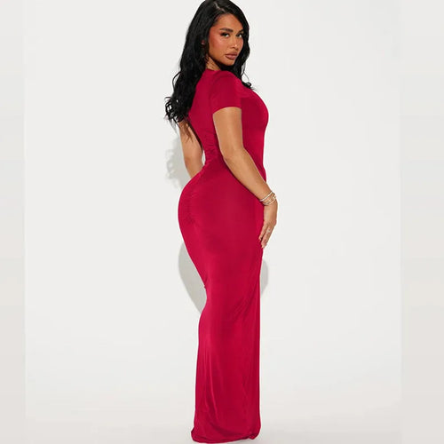Load image into Gallery viewer, Short Sleeve Ruched Sexy Maxi Dress For Women Fashion Summer New Solid High Waist Slim Fit Elegant Long Dress Vestido
