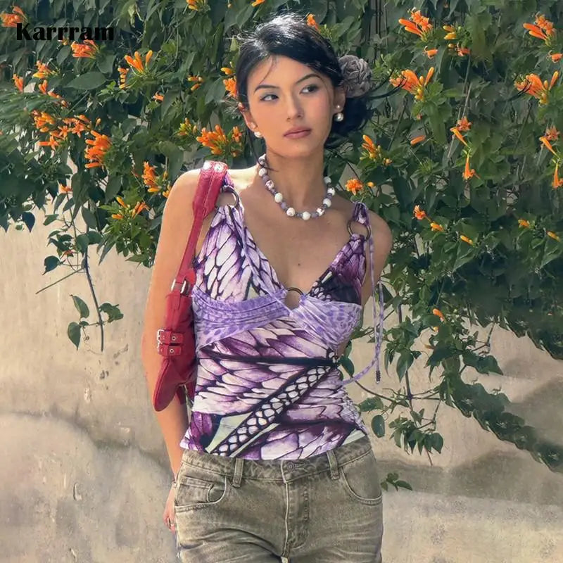 Japanese Y2k Purple Camisole Trashy 2000s V-neck Tank Top Grunge Aesthetics Backless Crop Top Vintage Harajuku Camis Top