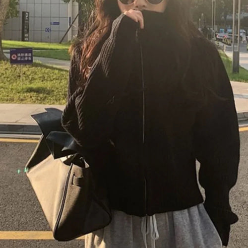 Load image into Gallery viewer, Y2k Aesthetic Harajuku Cardigan Mujer Kardigan Turtleneck Streetwear Grey Crop Tops Zipper 2025 Autumn All Match Solid  Sweater
