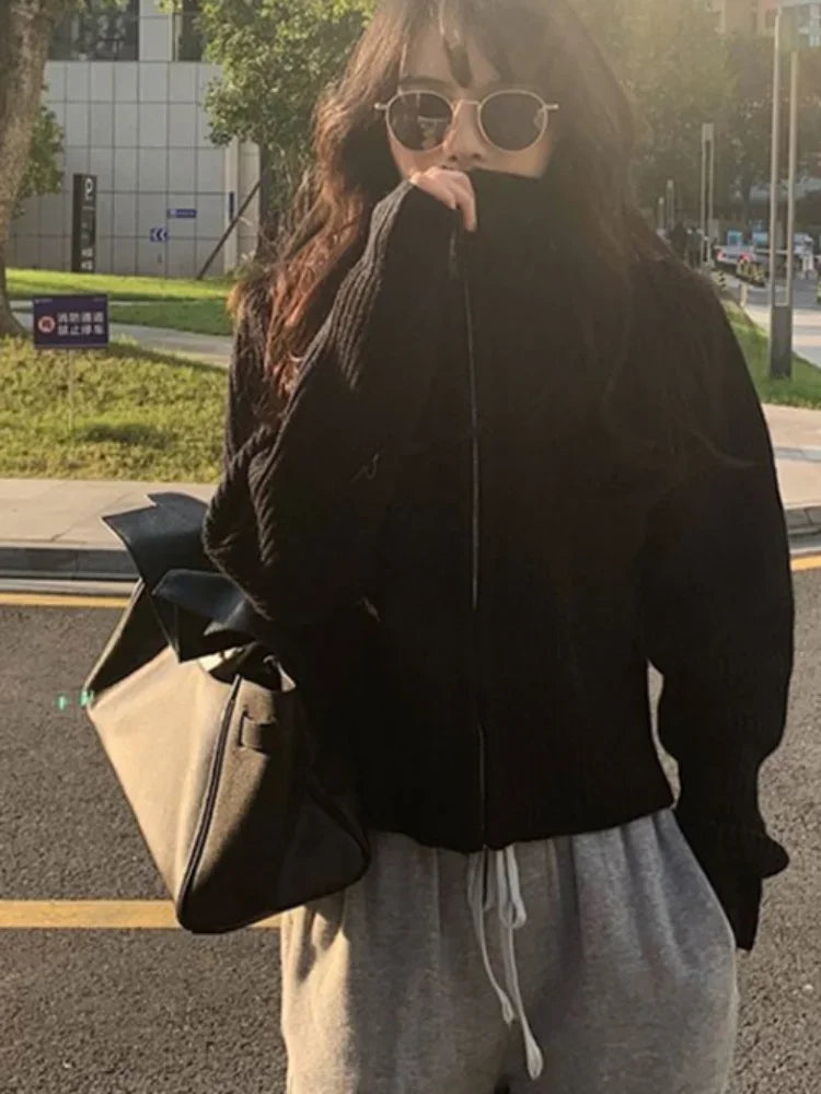 Y2k Aesthetic Harajuku Cardigan Mujer Kardigan Turtleneck Streetwear Grey Crop Tops Zipper 2025 Autumn All Match Solid  Sweater
