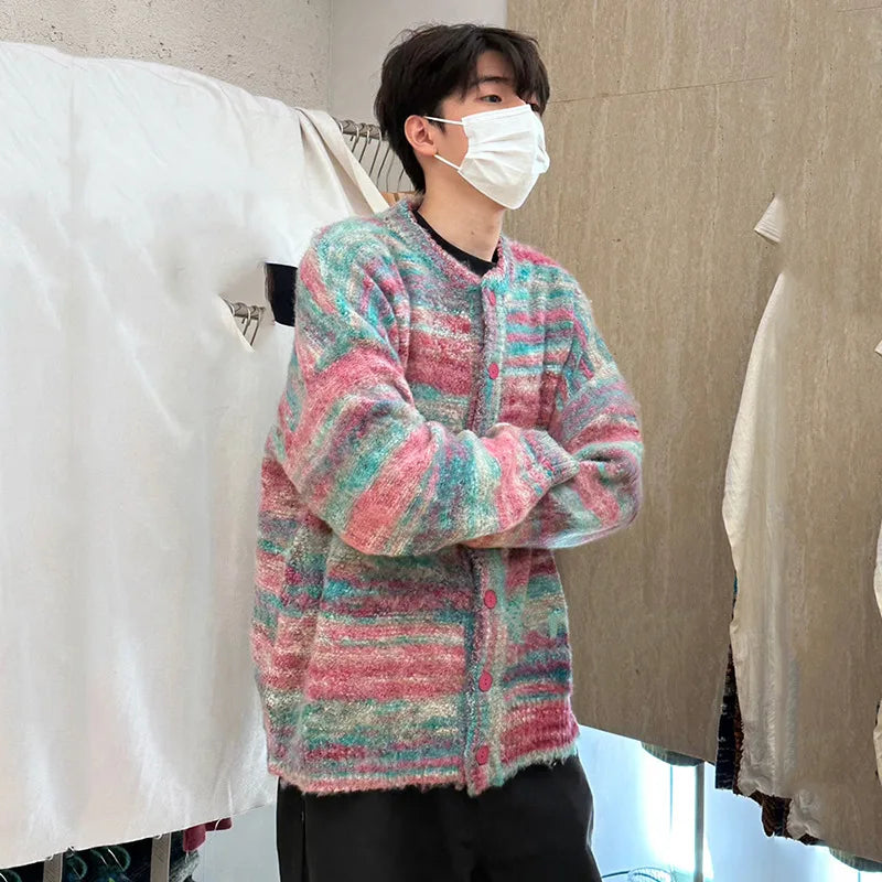 Men's Sweater New Spring Stripes Contrast Color Knitted Male Loose Casual Single Breasted Cardigan Handsome Knits 9W1478