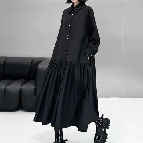 Load image into Gallery viewer, Women Black Big Size Elegant Shirt Dress Brief Pleated Hem New Lapel Long Sleeve Fashion Tide Spring Autumn 2025 1DH9327
