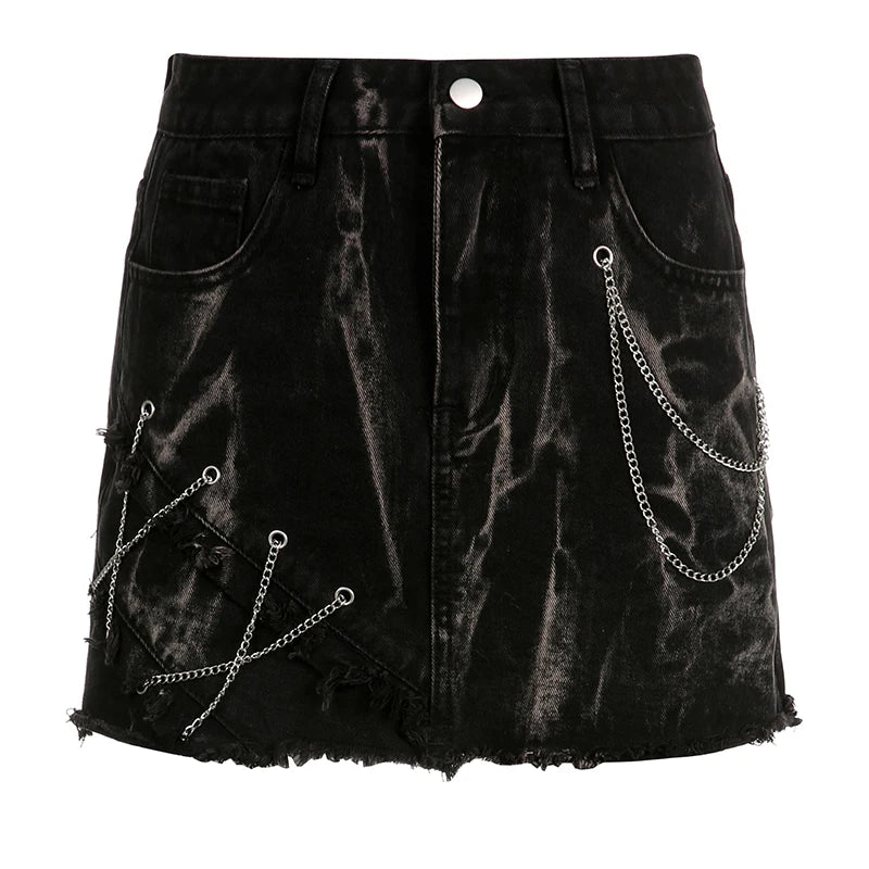 Grunge Gothic Burr Tie Dye Summer Denim Skirt Female Punk Style Chain Mini Skirts Vintage Stitching Hottie Harajuku