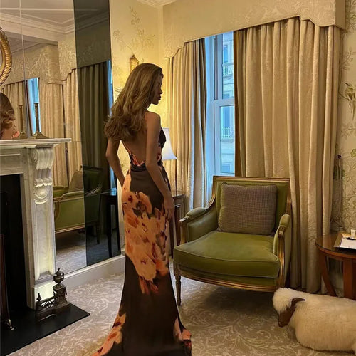 Load image into Gallery viewer, Satin Floral Print Sexy Maxi Dress Women Gown Elegant Spaghetti Strap Sleeveless Backless Bodycon Evening Club Dress
