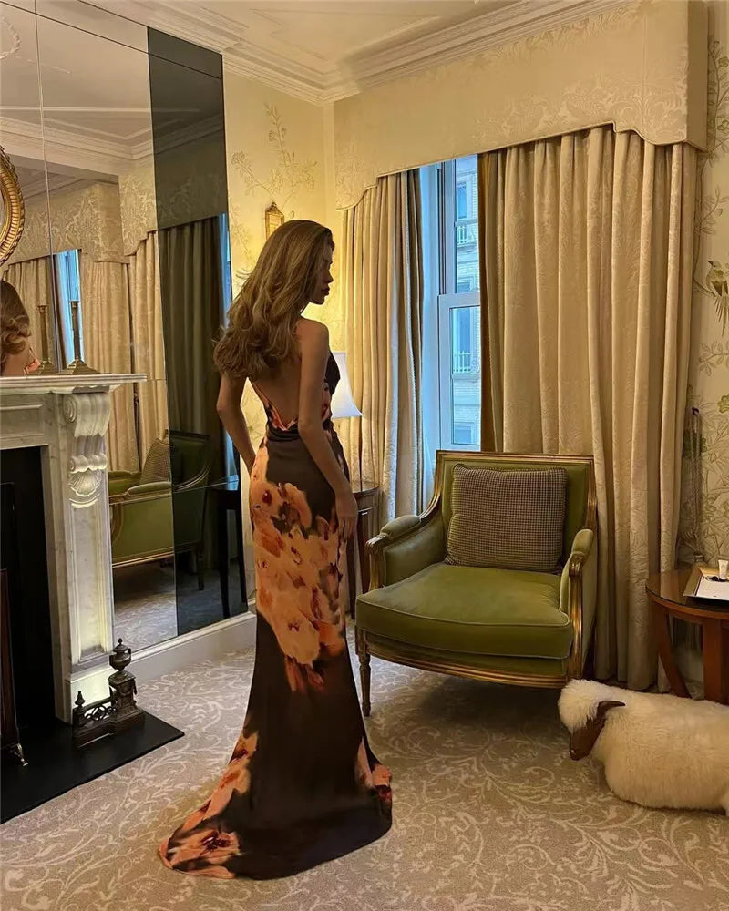 Satin Floral Print Sexy Maxi Dress Women Gown Elegant Spaghetti Strap Sleeveless Backless Bodycon Evening Club Dress