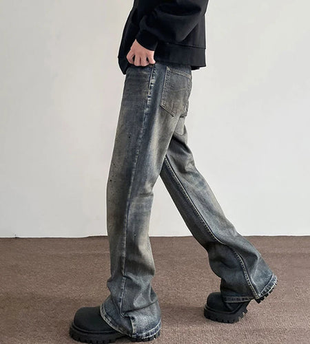 Men's Jeans New American Style High Street Washed Splashed Ink Denim Pants Male Straight Leg Slim Flared Trousers 9W1480