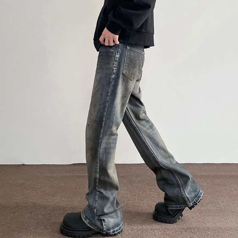 Men's Jeans New American Style High Street Washed Splashed Ink Denim Pants Male Straight Leg Slim Flared Trousers 9W1480