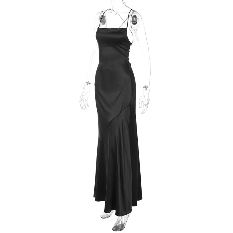 Spaghetti Strap Backless Sexy Maxi Dress Women Gown Black Satin Slipdress Sleeveless High Waist Club Party Long Dress