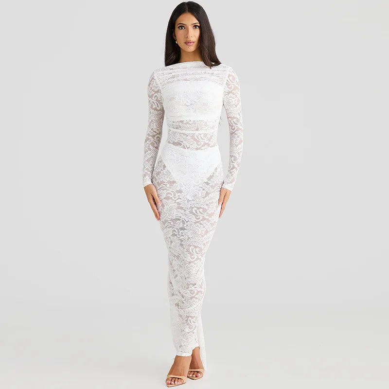 Lace Backless Sexy Maxi Dress For Women Gown Fashion Solid O Neck Long Sleeve Ruched Bodycon Club Long Dress Vestido