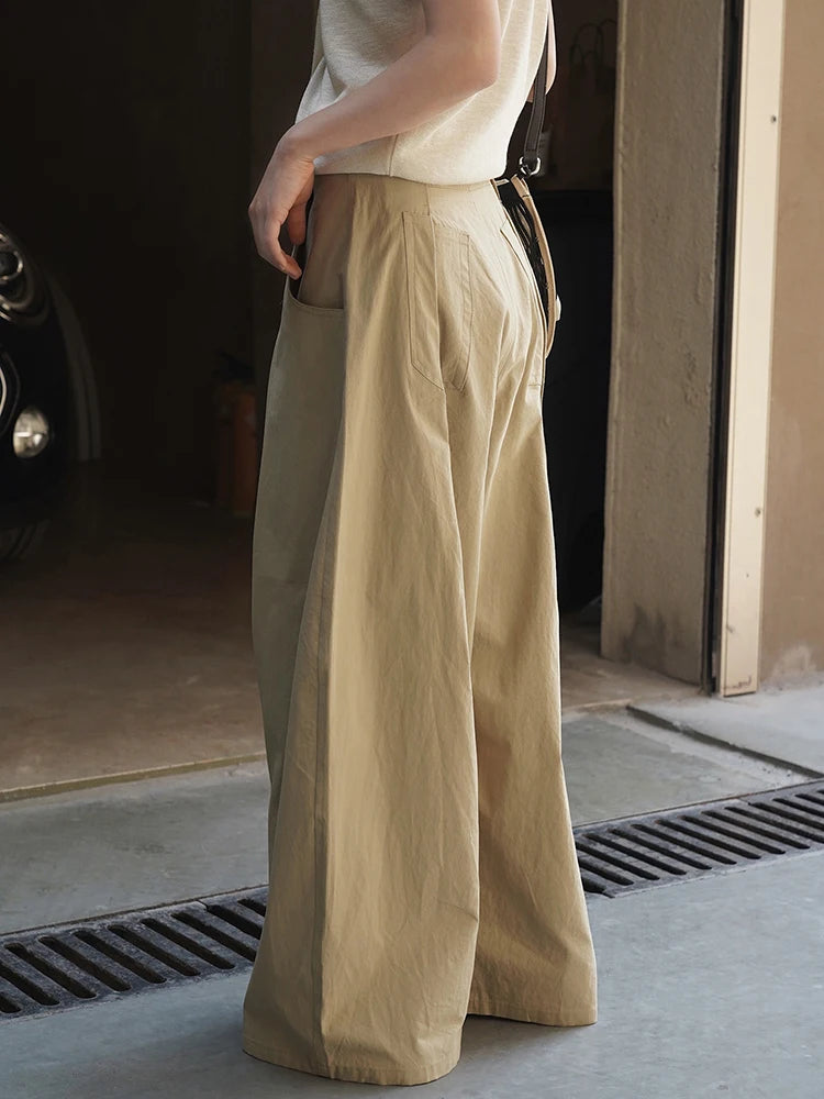 High Waist Khaki Pleated Pocket Brief Long Wide Leg Pants New Trousers Women Fashion Tide Spring Autumn 2025  1DJ1347