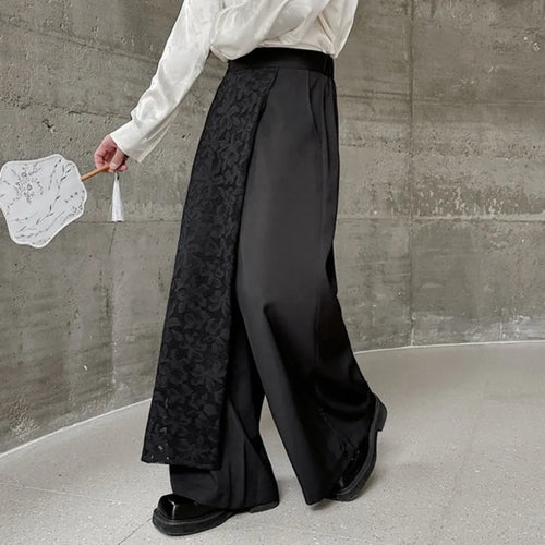 Load image into Gallery viewer, Chinese Style Men&#39;s Casual Pants Loose Lace Patchwork Asymmetric Design Elastic Waist Wide Leg Trousers Summer 9C6059
