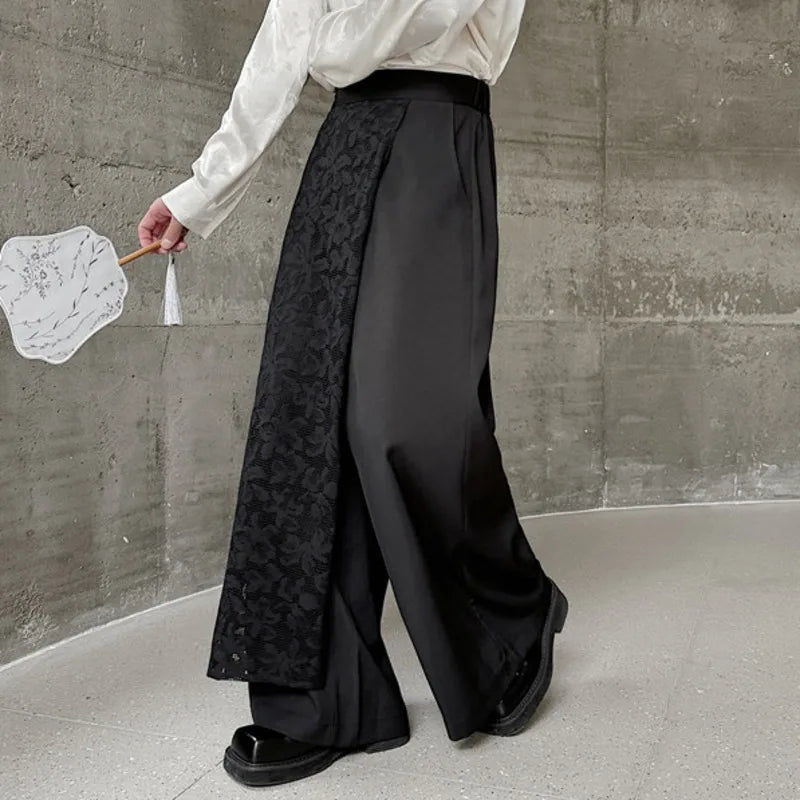 Chinese Style Men's Casual Pants Loose Lace Patchwork Asymmetric Design Elastic Waist Wide Leg Trousers Summer 9C6059