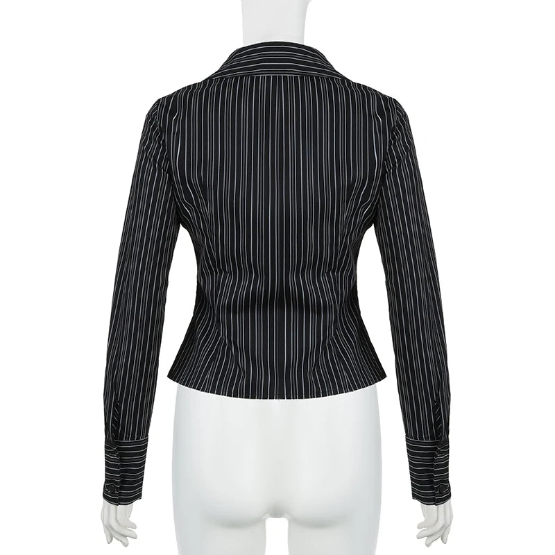 Fashion Chic Black Stripe Women Blouse Slim Long Sleeve Spring Autumn Shirt Top Buttons-Up Casual Y2K Cardigan Retro