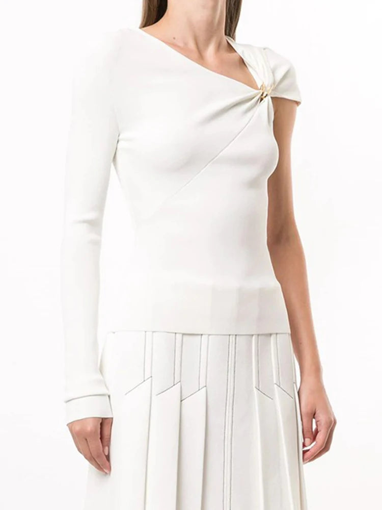 Slim Knitting Sweater For Women Irregular Collar Long Sleeve Asymmetrical Minimalist Pullover Female Clothing Style