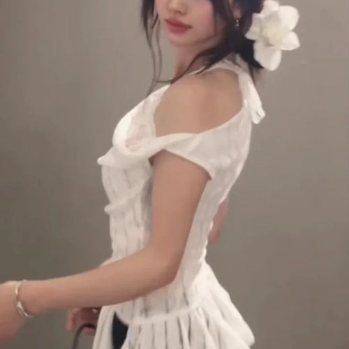 Load image into Gallery viewer, Y2k Aesthetic Lace Patchwork Slim Tshirts Women Harajuku Skew Collar Halter T-shirt 2025 Streetwear Irregular Ruffled Tees Femme
