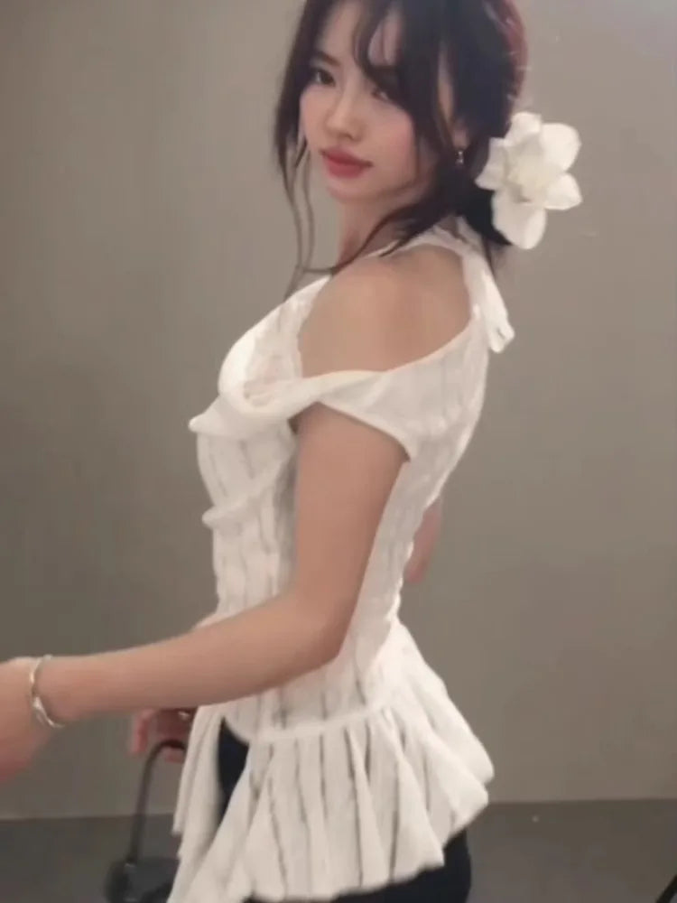 Y2k Aesthetic Lace Patchwork Slim Tshirts Women Harajuku Skew Collar Halter T-shirt 2025 Streetwear Irregular Ruffled Tees Femme