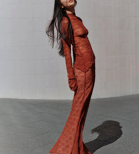 Fashion Lace Long Sleeved Round Neck Top Skirt Two-piece Set For Women 2024 Autumn Winter New Transparent T-shirt Set