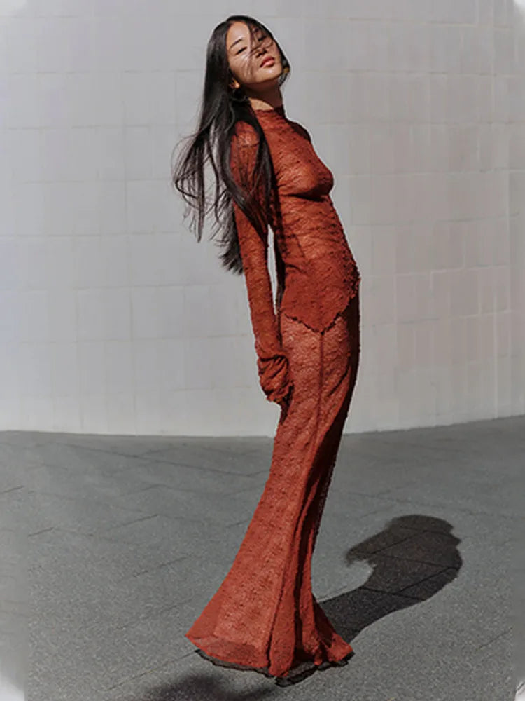 Fashion Lace Long Sleeved Round Neck Top Skirt Two-piece Set For Women 2024 Autumn Winter New Transparent T-shirt Set