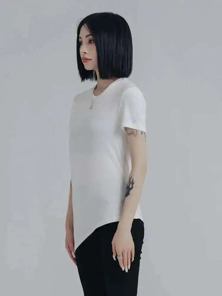 Women White Black Irregular Hem Holes Slim T-shirt New Round Neck Short Sleeve Fashion Tide Spring Summer 2025 1DE8432