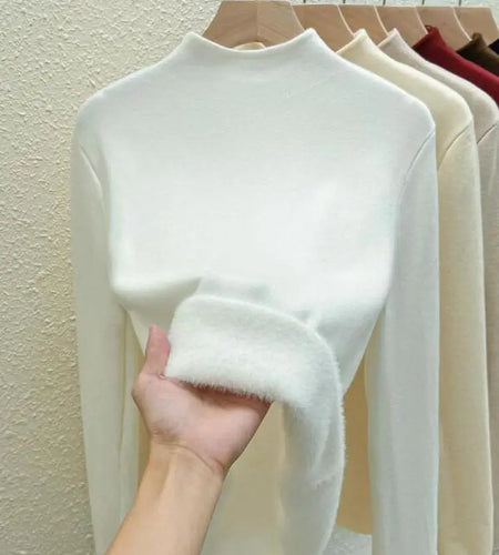 Retro Women Solid Elegant Knitted Half High Neck Velvet Thick Sweater Autumn Winter Basic Slim Pullovers Tops Simplicity Clothes