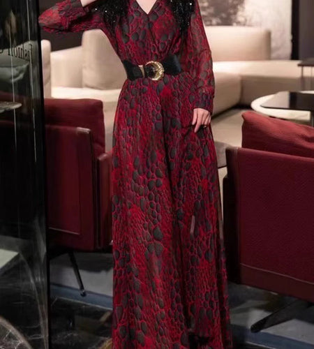 Hit Color Spliced Belt Slimming Dresses For Women V Neck Long Sleeve High Waist Temperament Dress Female Fashion