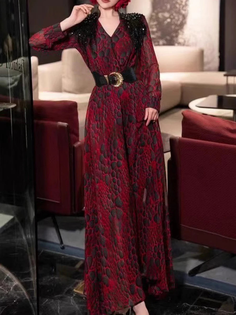 Hit Color Spliced Belt Slimming Dresses For Women V Neck Long Sleeve High Waist Temperament Dress Female Fashion